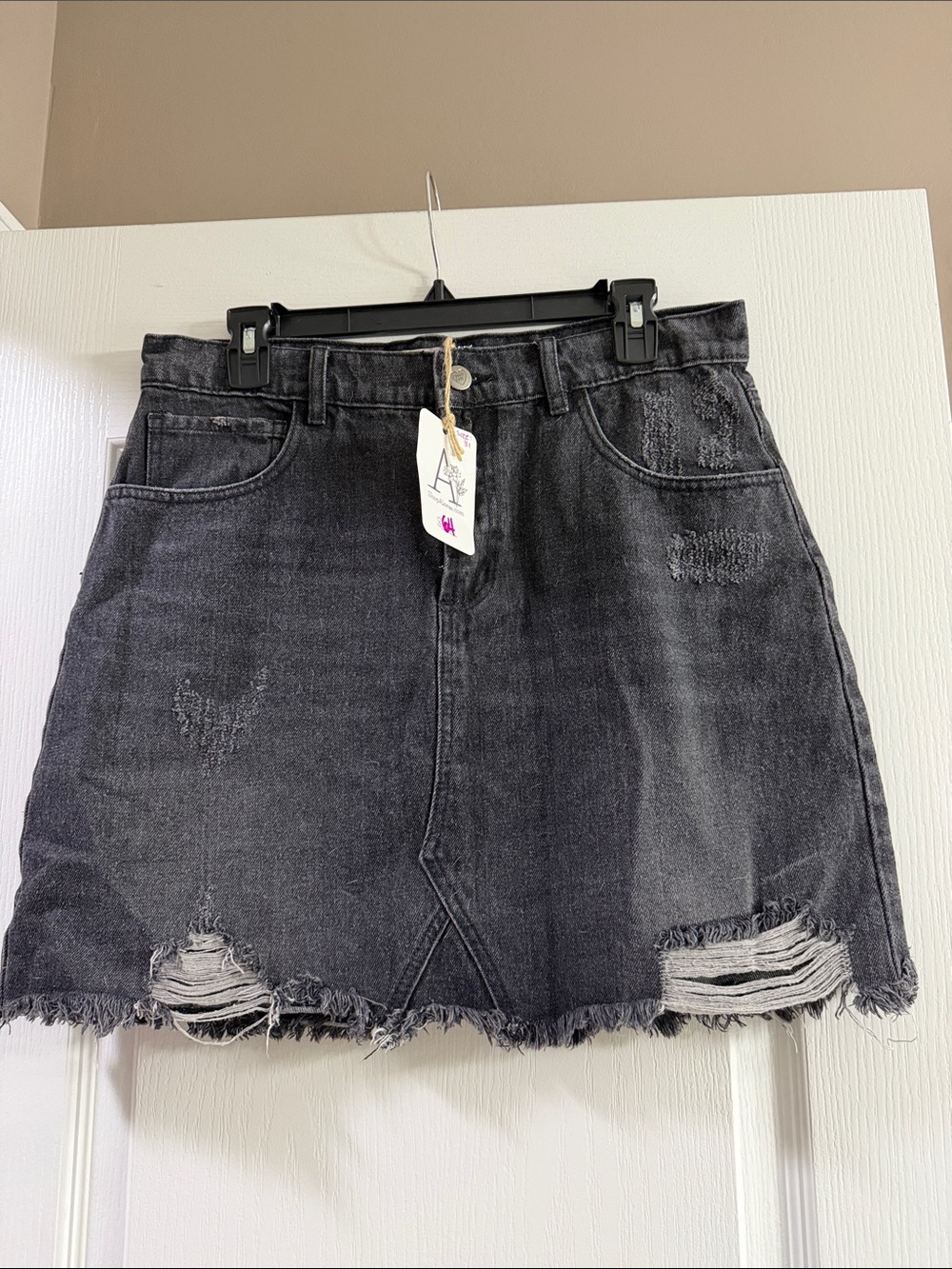 Distressed Black Denim Mini Skirt - Classic High-Rise Style